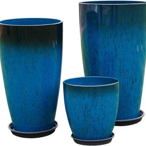 MinCHI257 24.21.11 Inch Large Plastic Planters with Drainage Hole and Saucer - Set of 3 Tall Plant Pots Indoor Flower Pot Tall Round Planters Outdoor Large Tall Planter : Patio. Lawn & Garden